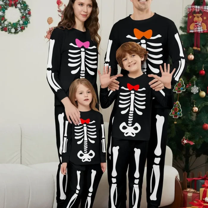 Happy Halloween Family Matching Outfits Skeleton Print Parent-child 2 Pieces Suit Sleepwear Soft Loose Pajamas Set Holiday Wear