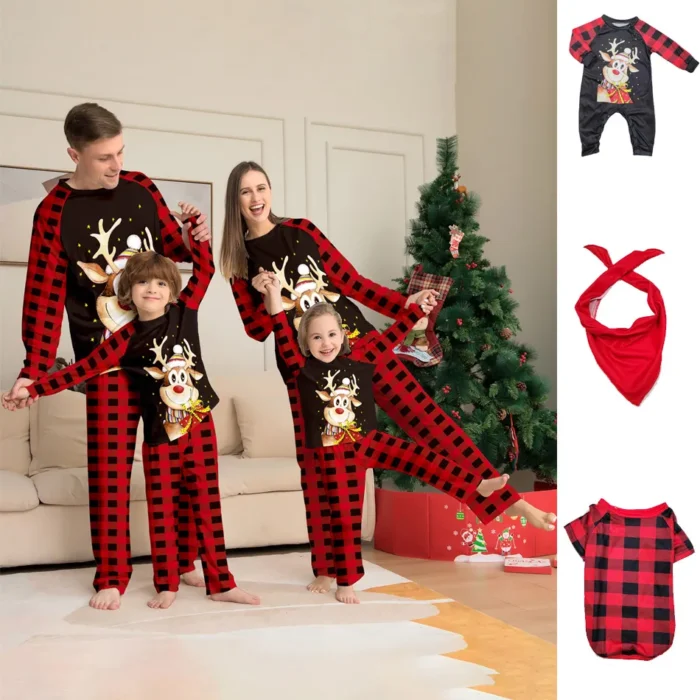 Christmas Elk Print Pajama Set，Parent-child Outfit Long Sleeve Crew Neck Top&Plaid Stripes Pants，Sleepwear & Loungewear