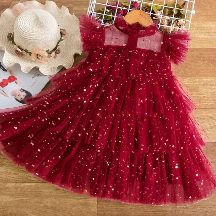 Dress for Kid Girl Sequin Star Princess Dress 3-8Y Children's Mesh Cake Dress Elegant Girls Red Christmas Birthday Party Clothes