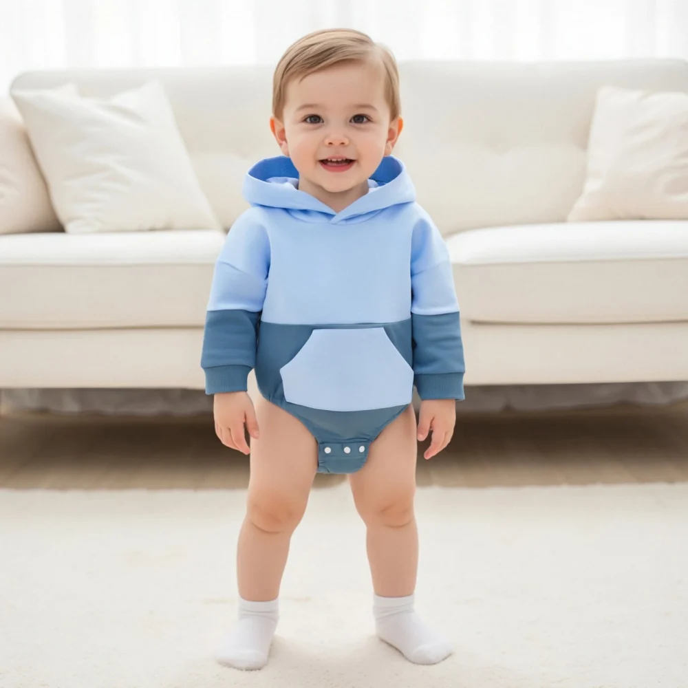 Newborn Boy Girl Hooded Romper Long Sleeve Front Pocket Patchwork Cute Fall Jumpsuit - Image 4