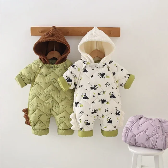 Baby Romper New Winter Cartoon Print Warm Thickened Hooded Onesie Double Zipper Snap Button Infant Outdoor 0-2Y Jumpsuit