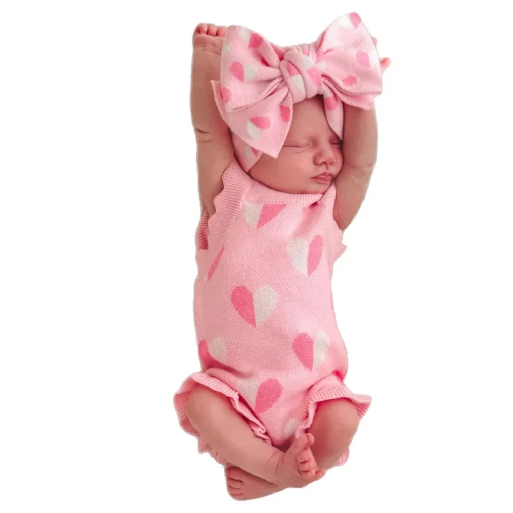 2025 Autumn New Baby Girl Sleeveless Knitted Bodysuit + Headband Newborn Infant Cute Heart Woolen Jumpsuit Toddler Outfits - Image 6