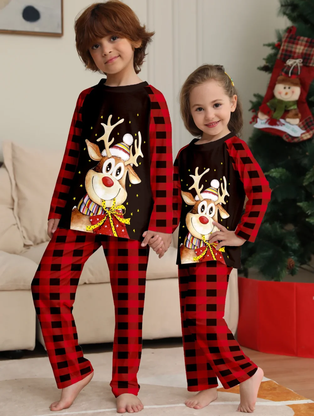 Christmas Elk Print Pajama Set，Parent-child Outfit Long Sleeve Crew Neck Top&Plaid Stripes Pants，Sleepwear & Loungewear - Image 3