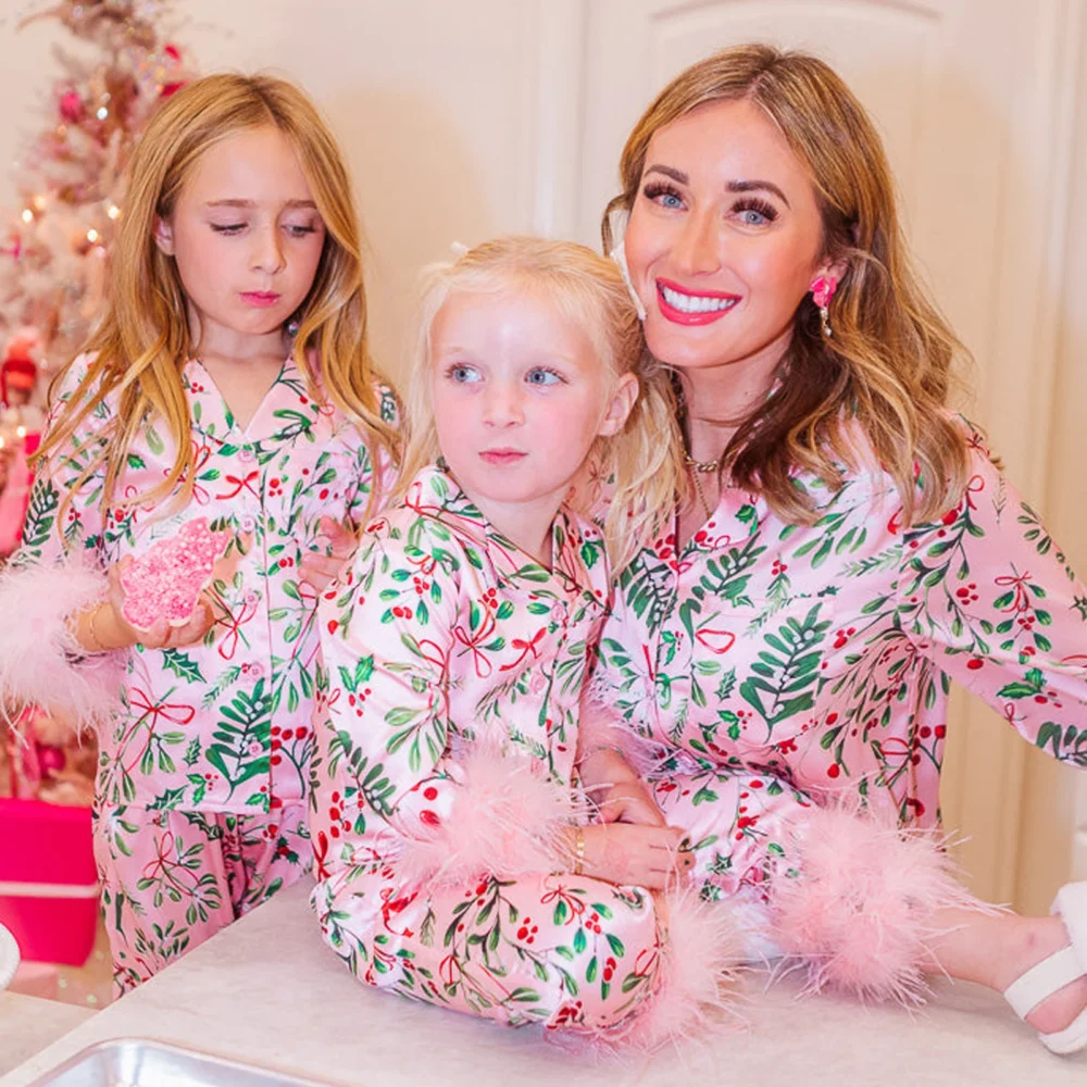 Imcute Mommy and Me Matching Pajamas Christmas Feather Trim Pajama Set 2 Piece Shirt Pants Sleep Sets for Mother Daughter - Image 6