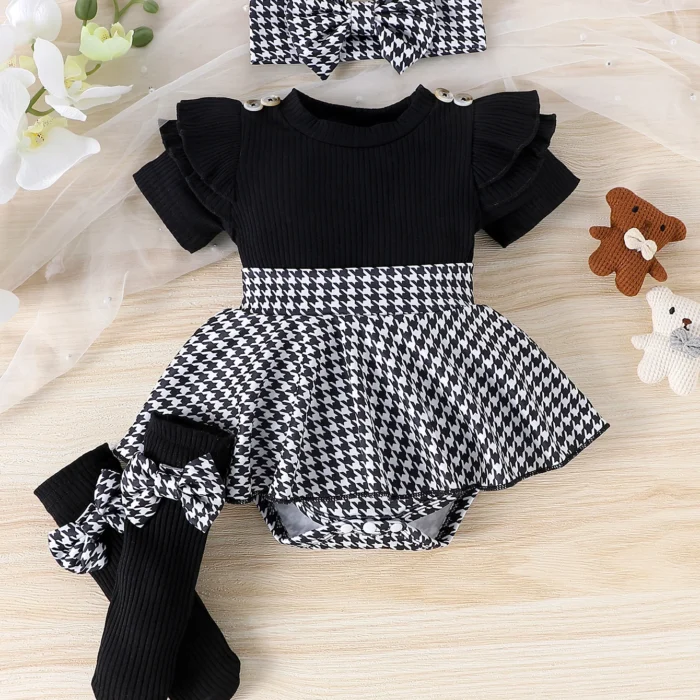 3PCS Summer new style girls 0-1 years old sweet and lovely short-sleeved houndstooth dress