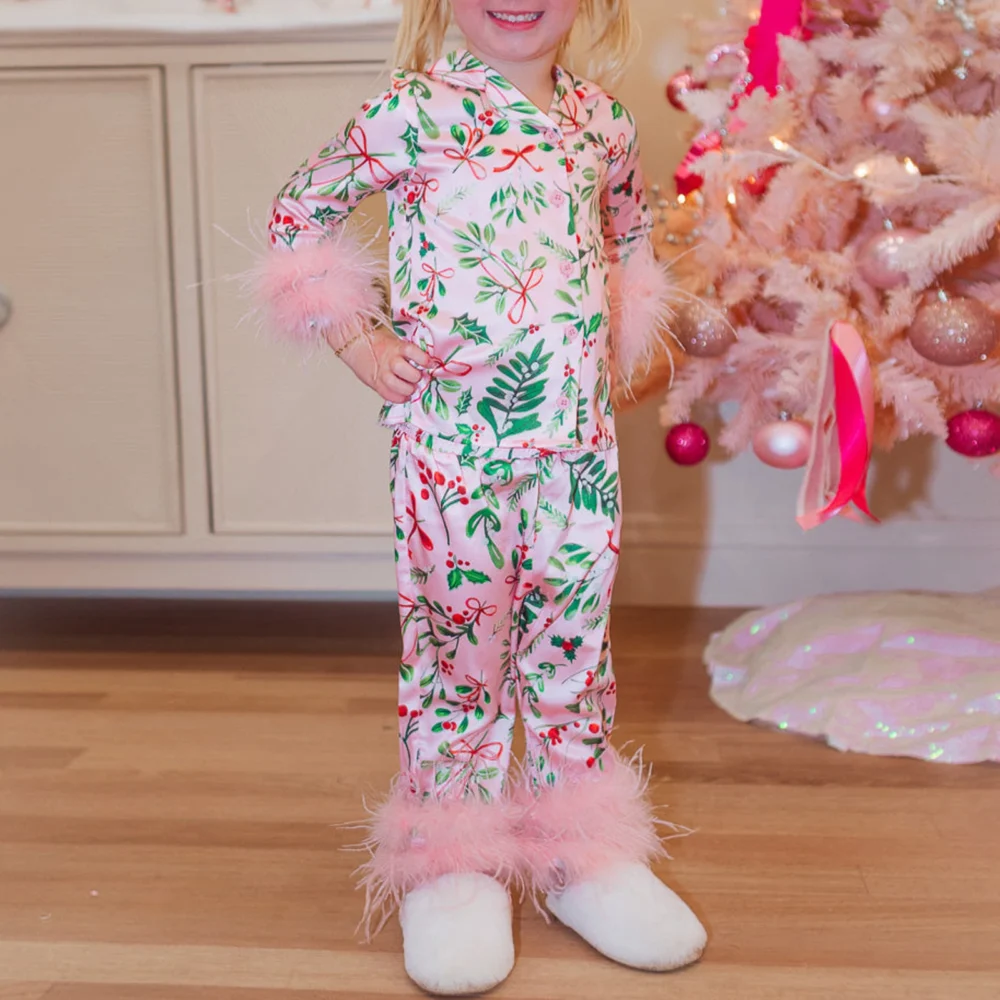 Imcute Mommy and Me Matching Pajamas Christmas Feather Trim Pajama Set 2 Piece Shirt Pants Sleep Sets for Mother Daughter - Image 5