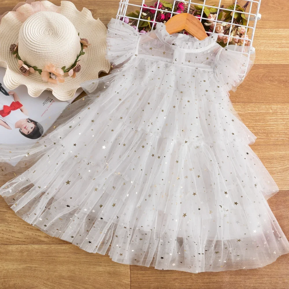 Dress for Kid Girl Sequin Star Princess Dress 3-8Y Children's Mesh Cake Dress Elegant Girls Red Christmas Birthday Party Clothes - Image 3
