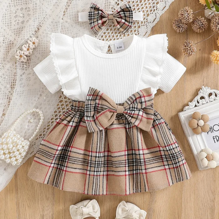 Baby Girl Summer Fashion Cute Casual Round Neck Ruffle Lace Decoration Short Sleeved Waist Large Bow Plaid Splicing Design