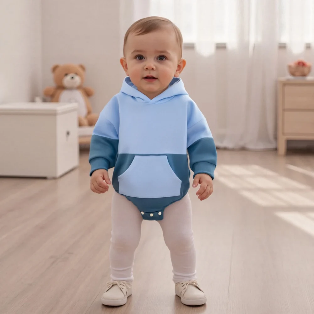 Newborn Boy Girl Hooded Romper Long Sleeve Front Pocket Patchwork Cute Fall Jumpsuit - Image 2