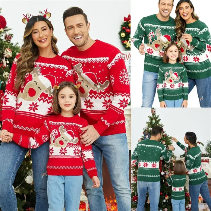 Xingqing Matching Christmas Sweater Family Adult Kids Cartoon Elk Print Round Neck Long Sleeve Pullover Winter Tops Streetwear