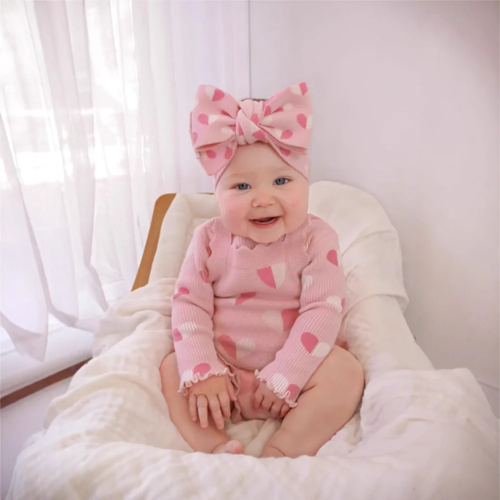 2025 Autumn New Baby Girl Sleeveless Knitted Bodysuit + Headband Newborn Infant Cute Heart Woolen Jumpsuit Toddler Outfits - Image 3
