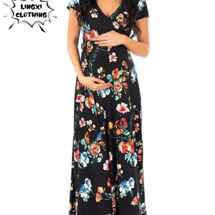 2023 Pregnant Women's Dress Fashion New Style Women's Printed Belt Breastfeeding Short Sleeve Spring/Summer Long Dress