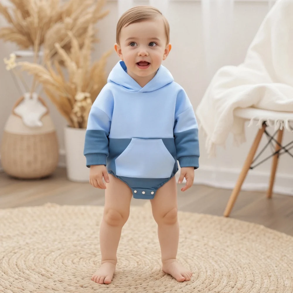 Newborn Boy Girl Hooded Romper Long Sleeve Front Pocket Patchwork Cute Fall Jumpsuit - Image 3