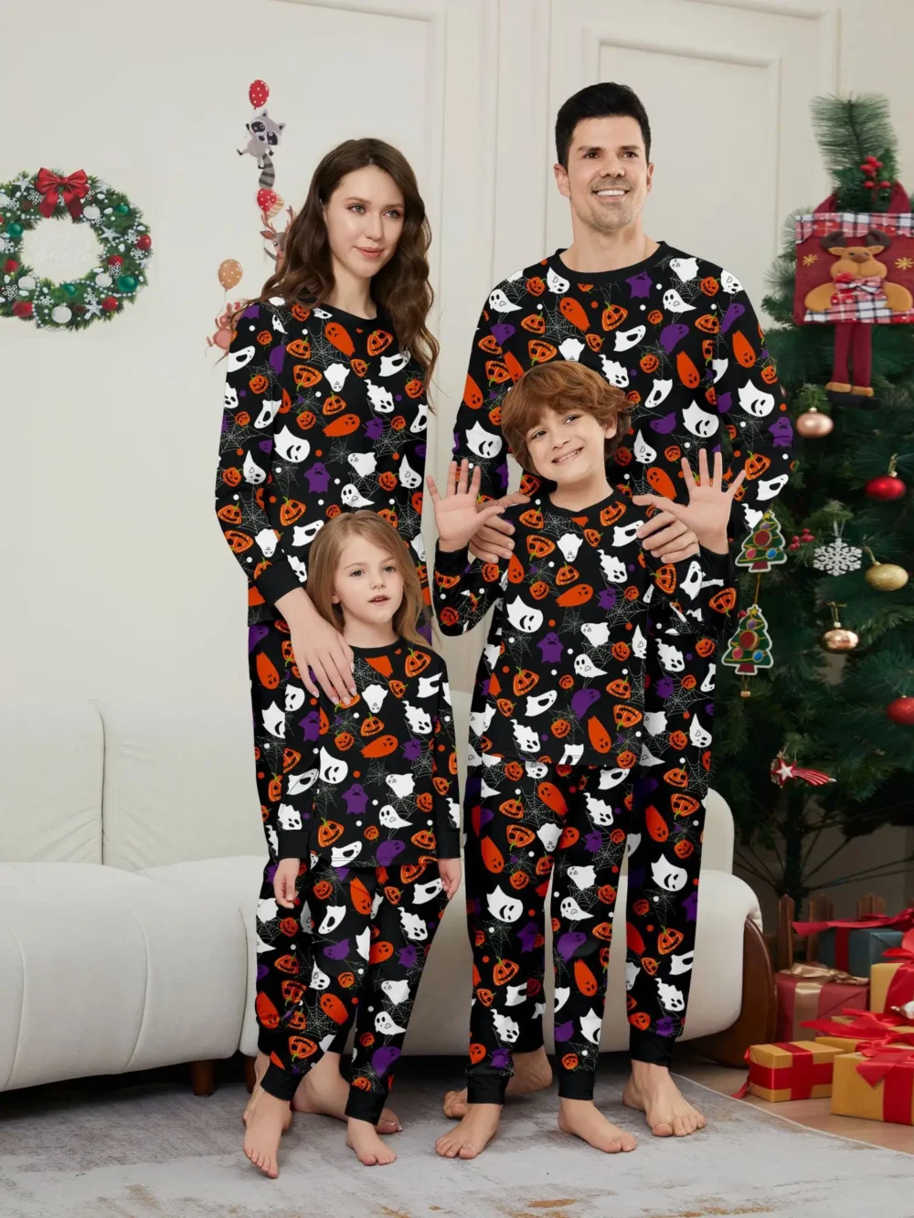 2025 New Holiday Wear Halloween Matching Outfits for Family Women Men Boys Girls Pajamas Set Pumpkin Skull Print 2 Pieces Suit
