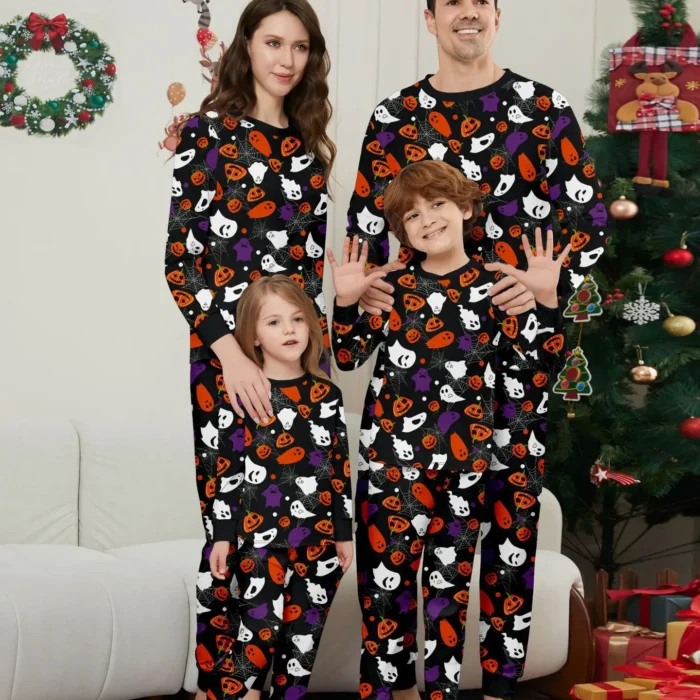 2025 New Holiday Wear Halloween Matching Outfits for Family Women Men Boys Girls Pajamas Set Pumpkin Skull Print 2 Pieces Suit