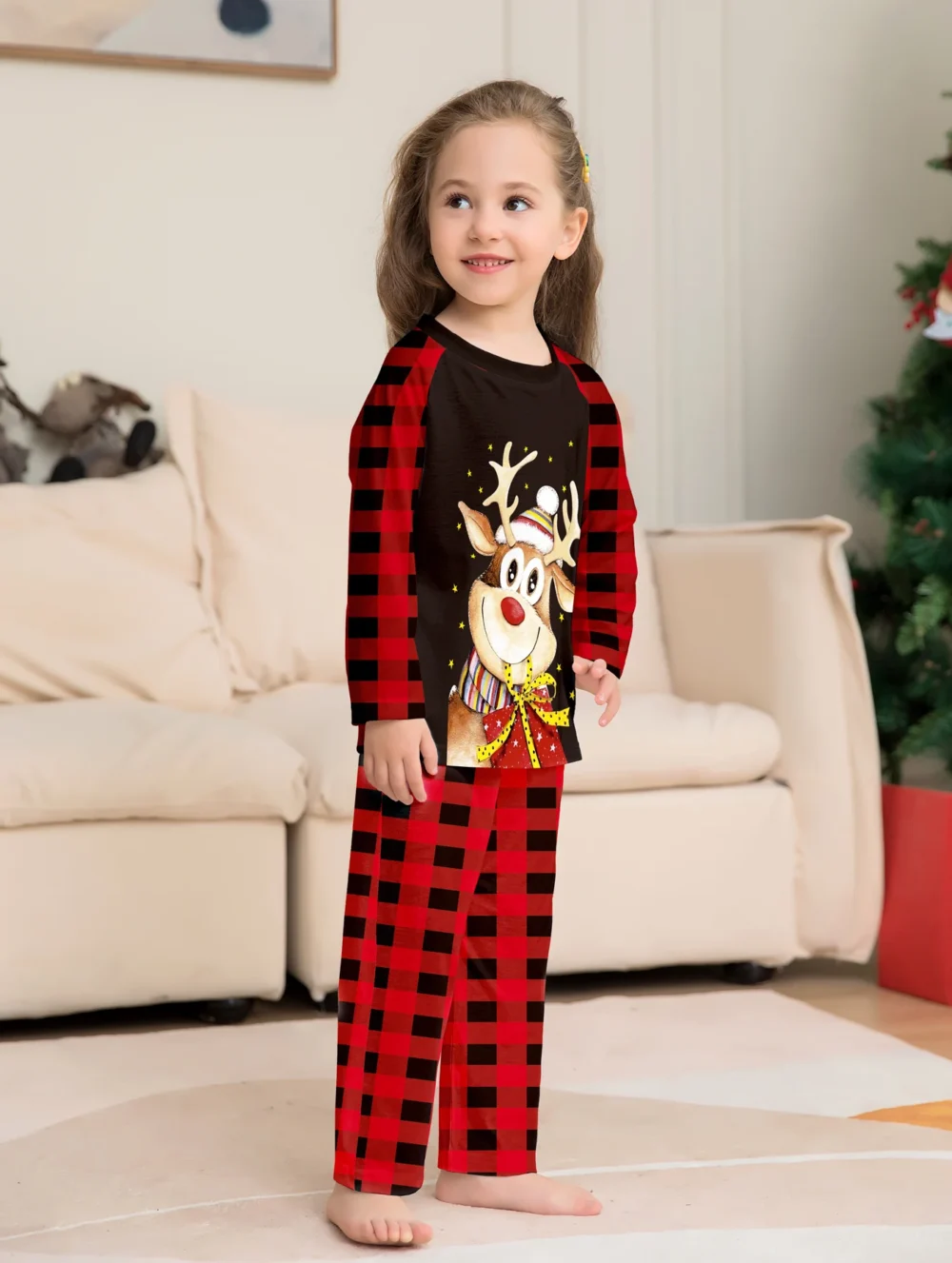 Christmas Elk Print Pajama Set，Parent-child Outfit Long Sleeve Crew Neck Top&Plaid Stripes Pants，Sleepwear & Loungewear - Image 4