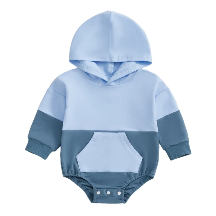 Newborn Boy Girl Hooded Romper Long Sleeve Front Pocket Patchwork Cute Fall Jumpsuit