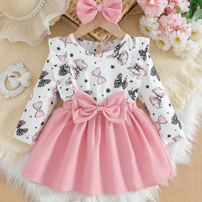 Baby girl cute cartoon bow pattern in spring and autumn, round neck long sleeved ruffle edge fake two-piece spliced dress and he