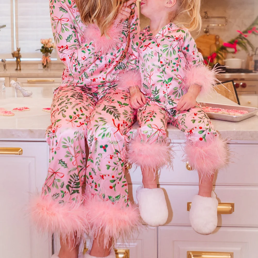 Imcute Mommy and Me Matching Pajamas Christmas Feather Trim Pajama Set 2 Piece Shirt Pants Sleep Sets for Mother Daughter - Image 2