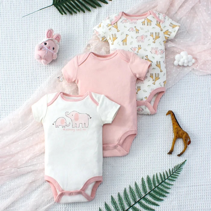 ﻿ 3PCS Summer Baby Girls Three Piece Bodysuit Animal Kingdom and Elephant Letter Pattern Short Sleeve Bodysuit Mother's Day Gif