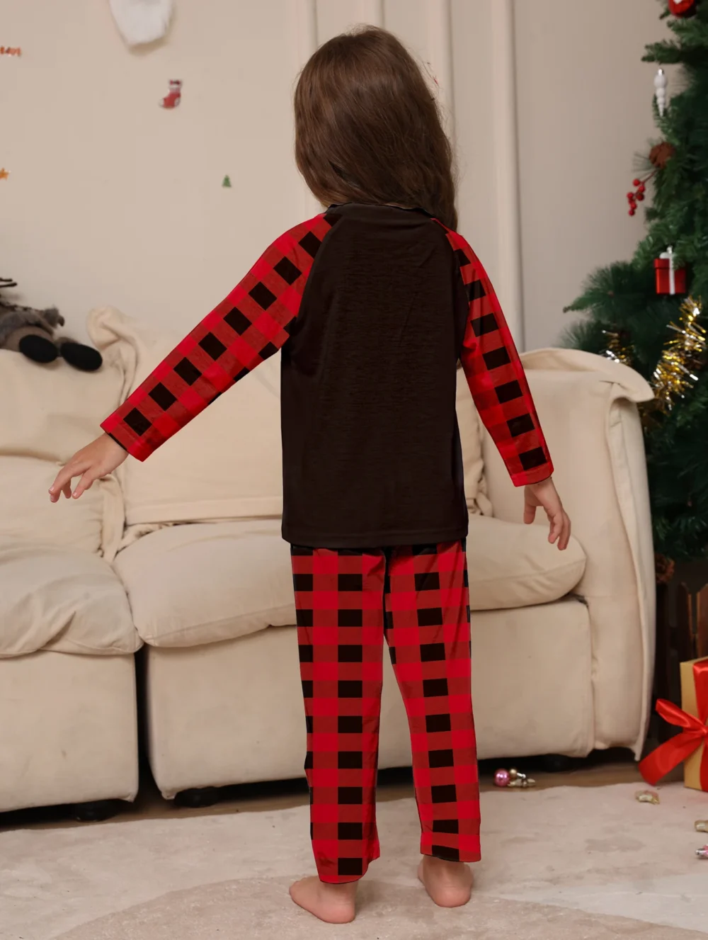 Christmas Elk Print Pajama Set，Parent-child Outfit Long Sleeve Crew Neck Top&Plaid Stripes Pants，Sleepwear & Loungewear - Image 2