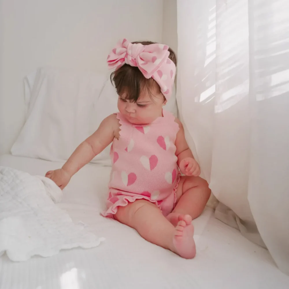 2025 Autumn New Baby Girl Sleeveless Knitted Bodysuit + Headband Newborn Infant Cute Heart Woolen Jumpsuit Toddler Outfits - Image 2
