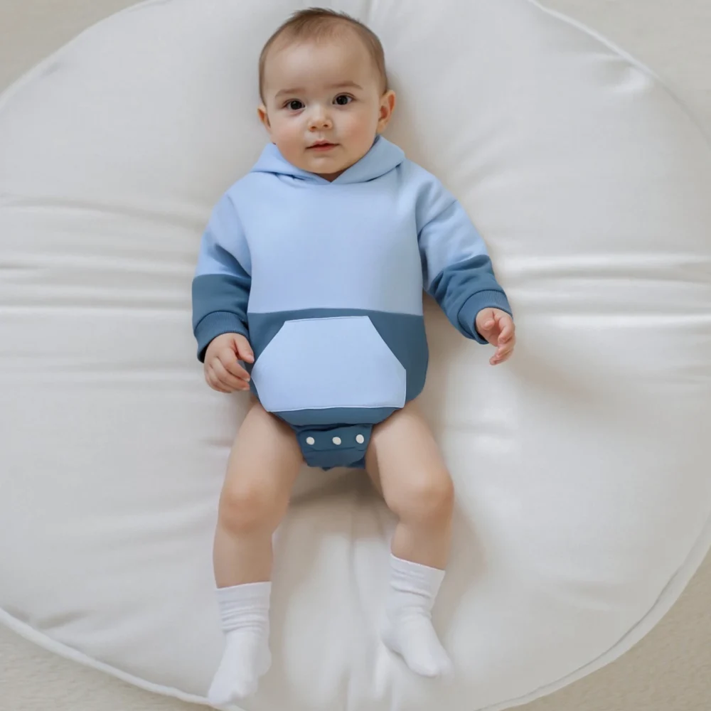 Newborn Boy Girl Hooded Romper Long Sleeve Front Pocket Patchwork Cute Fall Jumpsuit - Image 5