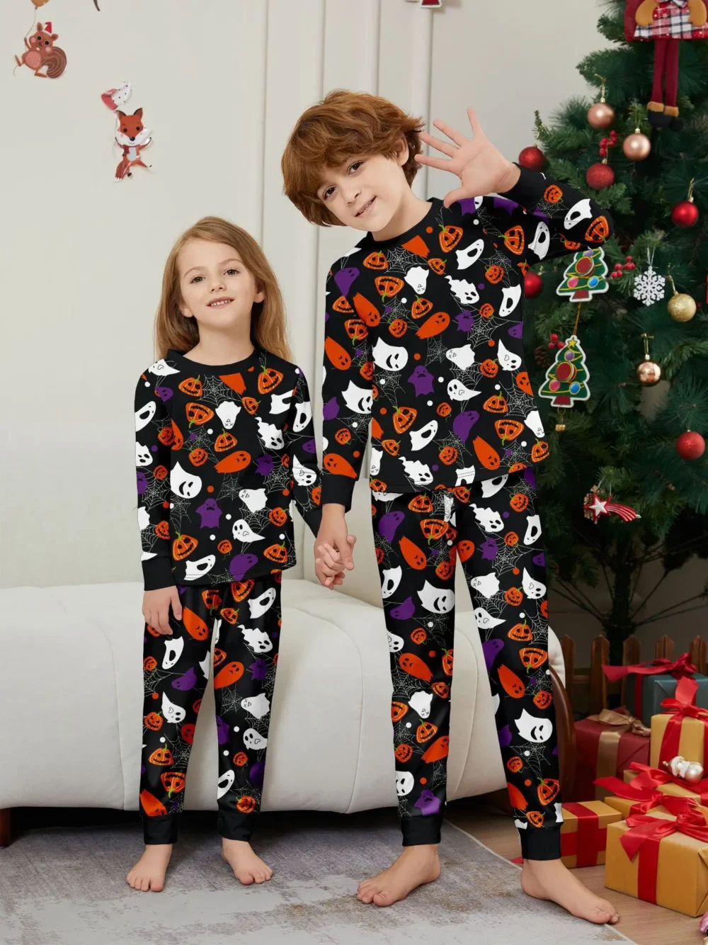 2025 New Holiday Wear Halloween Matching Outfits for Family Women Men Boys Girls Pajamas Set Pumpkin Skull Print 2 Pieces Suit - Image 3