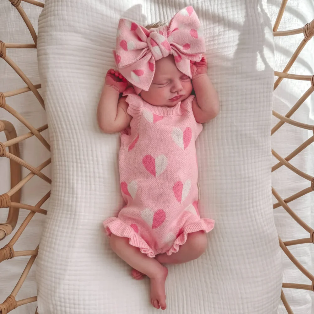 2025 Autumn New Baby Girl Sleeveless Knitted Bodysuit + Headband Newborn Infant Cute Heart Woolen Jumpsuit Toddler Outfits