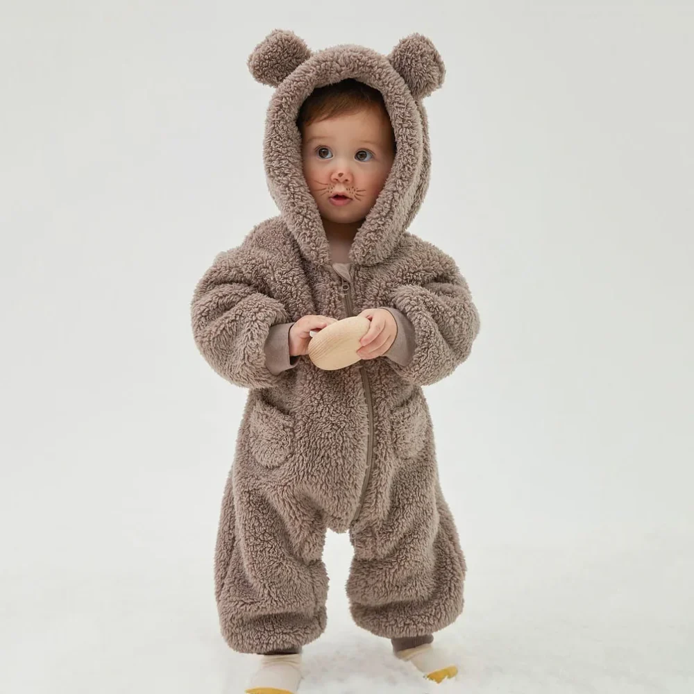 2025 Warm Fleece Hooded Jumpsuits for Baby Autumn Winter Long Sleeve Infant Rompers Newborn Boy Girl Homewear Pajamas