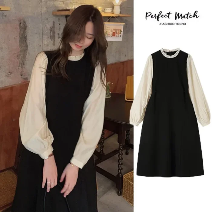 Maternity Stitching Fake Two-piece Clothes French Temperament Pregnancy Palace Sleeve Long-sleeved Dress 2024 Spring Autumn New
