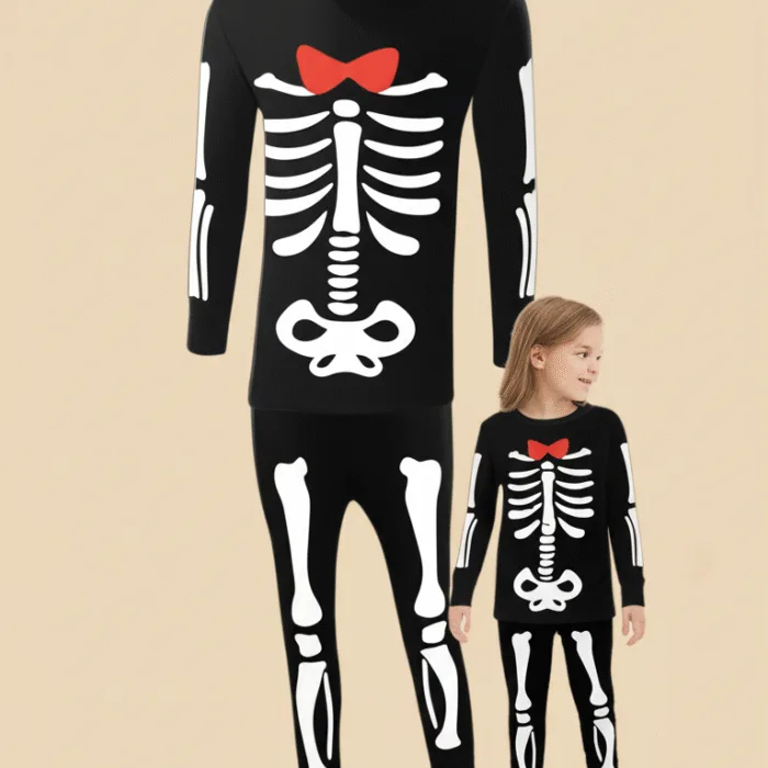 Happy Halloween Family Matching Outfits Skeleton Print Parent-child 2 Pieces Suit Sleepwear Soft Loose Pajamas Set Holiday Wear